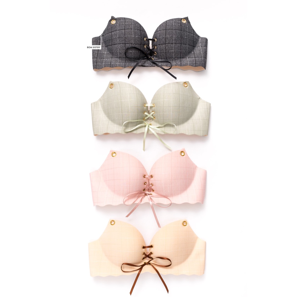 Áo lót mút mỏng không gọng dây vai đôi hoạ tiết caro kèm dây rút tạo khe chữ V BOM SISTER A2450 | BigBuy360 - bigbuy360.vn