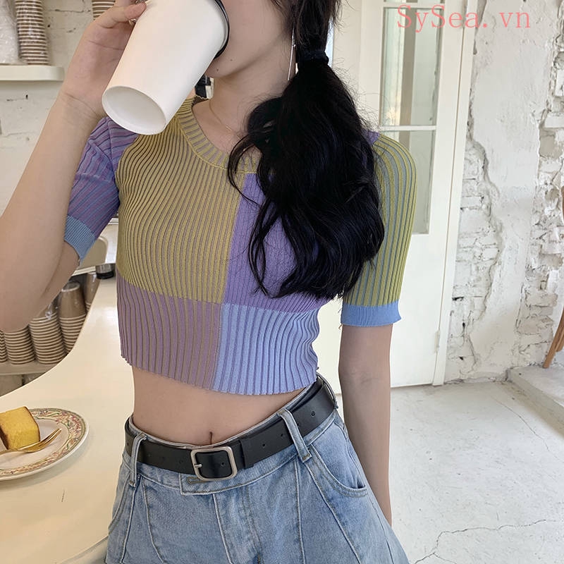 Áo Croptop Ngắn Tay Ôm Dáng Phối Màu Cầu Vồng Xinh Xắn Dành Cho Nữ