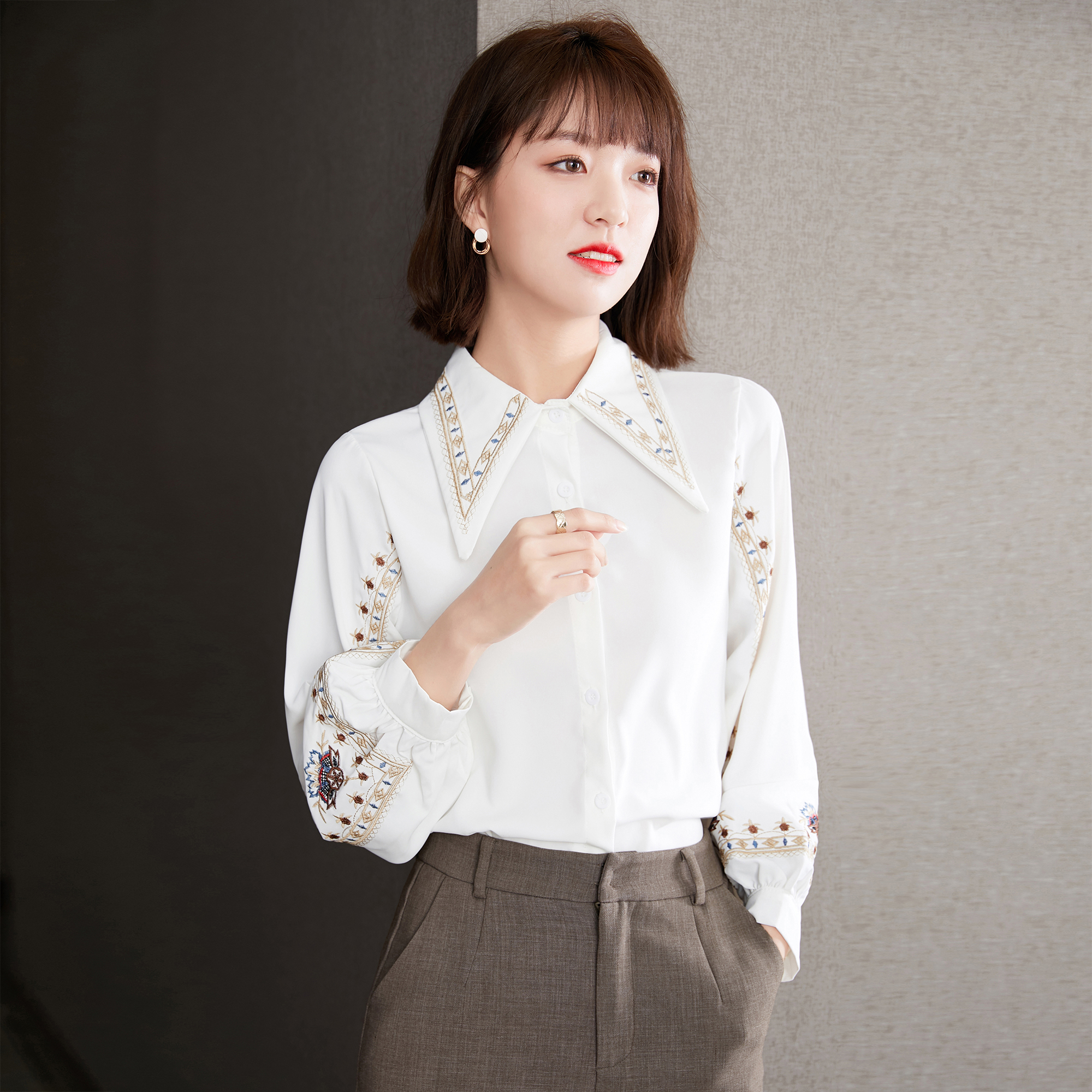 Spring Vintage Hong Kong Style White Shirt Design Small Quantity Chiffon Long Sleeve