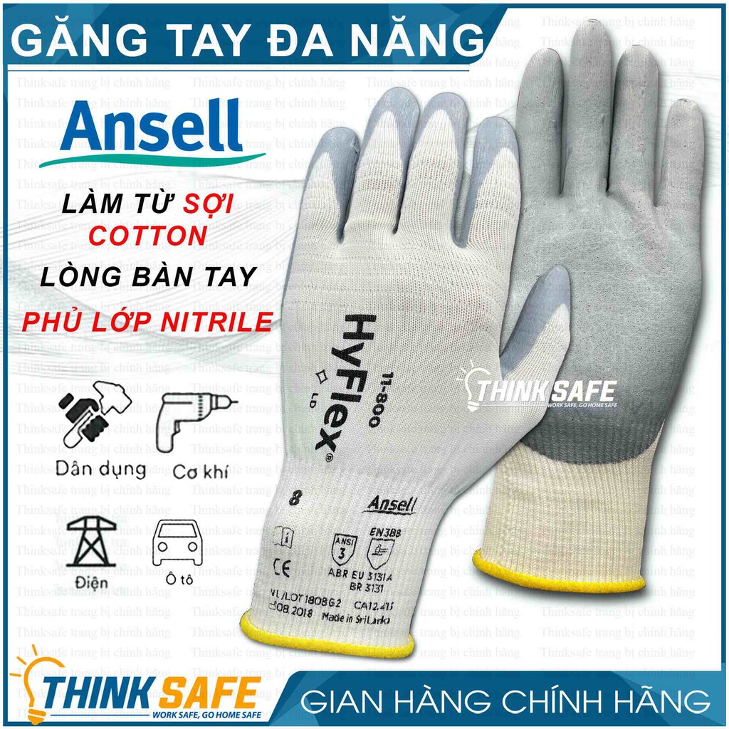 Găng tay đa dụng Hyflex ANSELL 11-800  phủ Nitrile dầy, ôm khít tay, chống bám dầu mỡ (trắng xám)