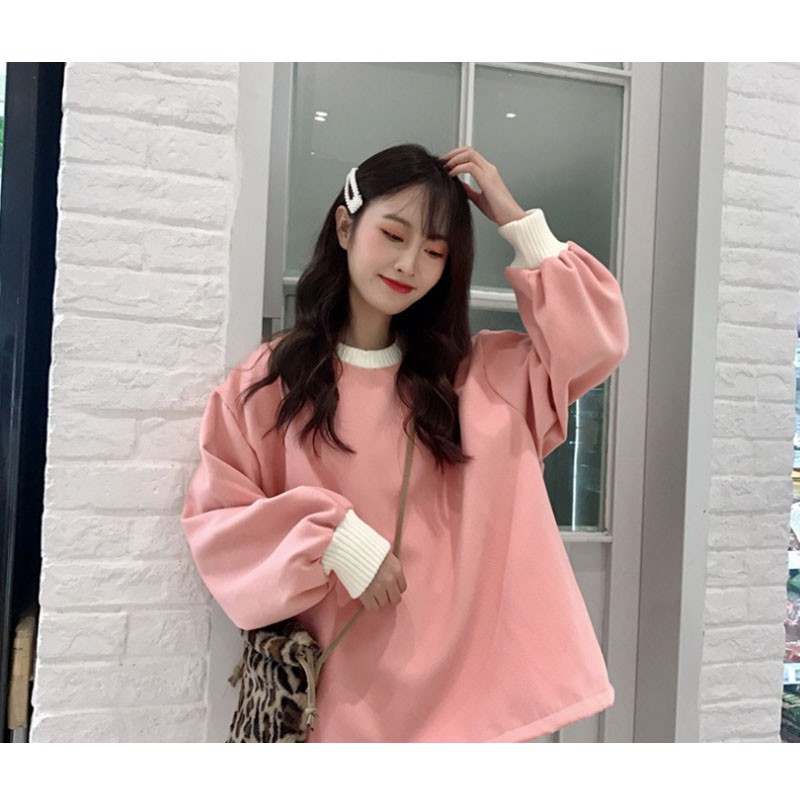 Áo Sweater Vải Cotton Phối Nhung Dáng Rộng Kiểu Hàn Quốc Cá Tính