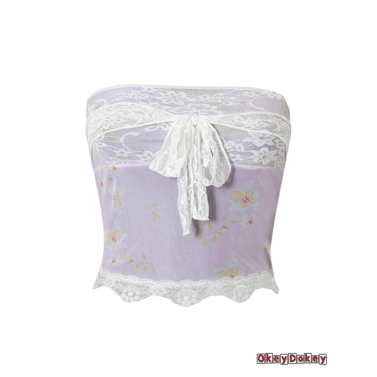 OKDK-Women Sexy Tube Tops Flower Print Lace Patchwork Strapless Off Shoulder Cropped Tank Tops