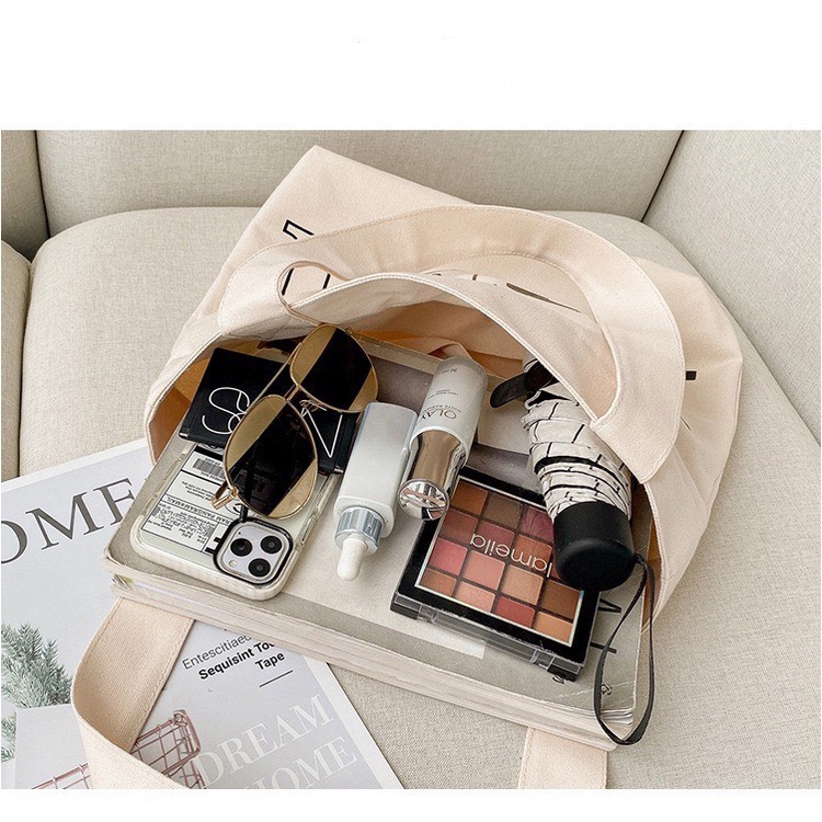Túi tote vải canvas ulzzang unisex in chữ có khoá miệng ngăn nhỏ bên trong đựng vừa sách vở laptop 15.inch