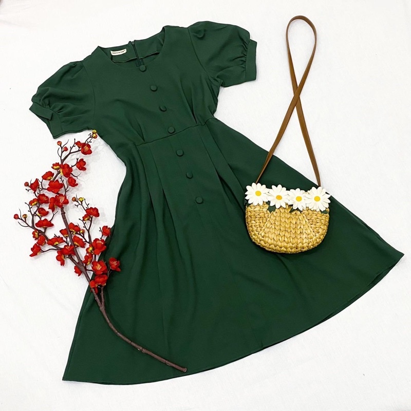 Đầm váy xanh lính cổ tròn