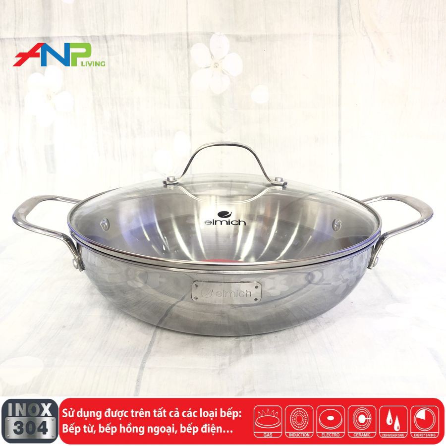 Chảo Xào Sâu Lòng Kiêm Nồi Lẩu 5 Đáy inox 304 Elmich EL-3255 (Size 32cm - Dùng Được Trên Mọi Loại Bếp) - Hàng Chính Hãng