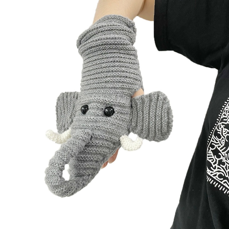 Găng Tay Hở Ngón Giữ Ấm Mùa Đông Họa Tiết Chú Voi Hoạt Hình