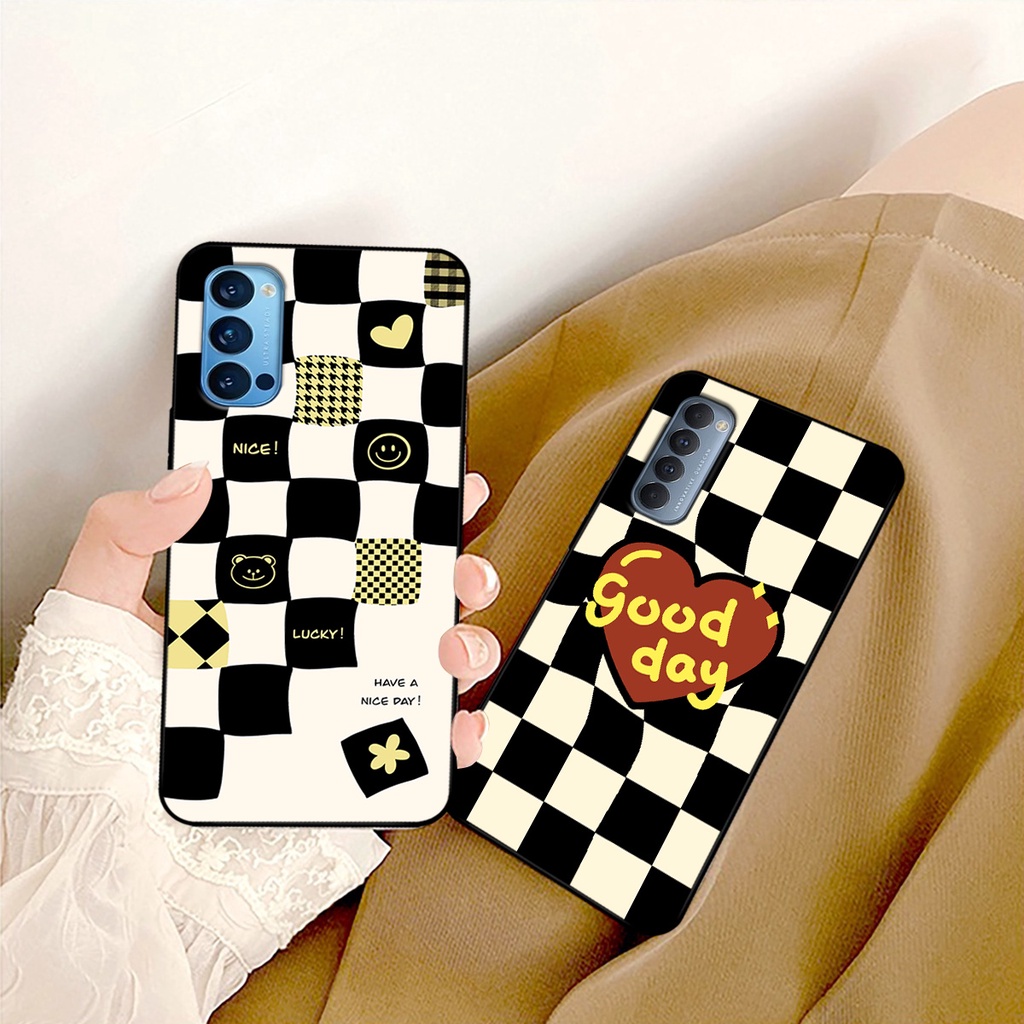 Ốp lưng Oppo Reno 4 - Reno 4 Pro - Reno4 - Reno4 Pro in hoạ tiết caro trái tim đen trắng, gấu bear cute đáng yêu