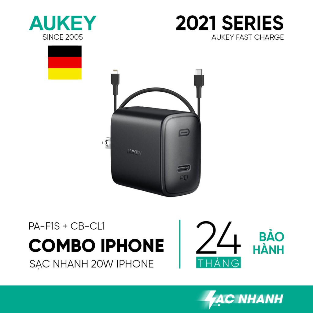 Combo Aukey Cốc Sạc Nhanh PA-F1S Type C 20W + Cáp C To Lightning Siêu Bền CB-CL - Hàng Chính Hãng