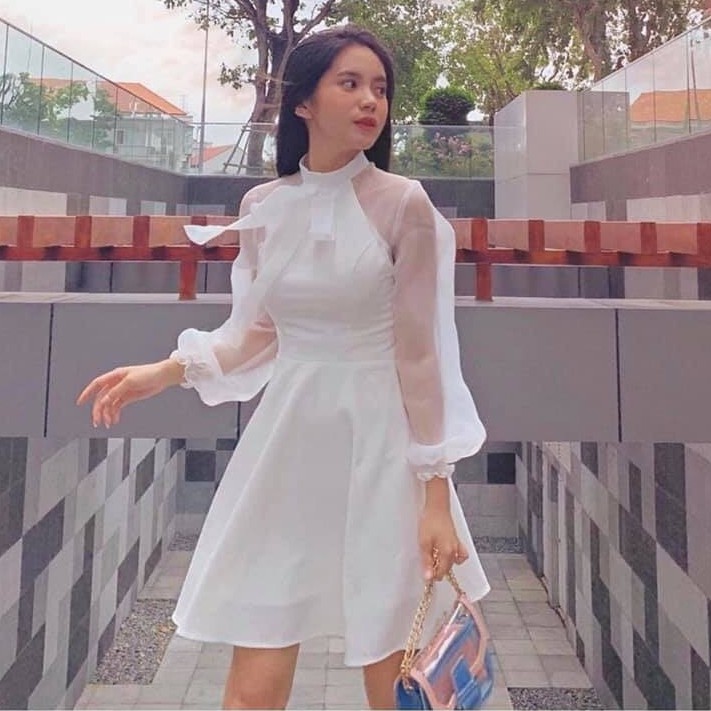 Đầm dự tiệc trắng xòe bồng nơ cổ siêu đẳng cấp Clara Dress