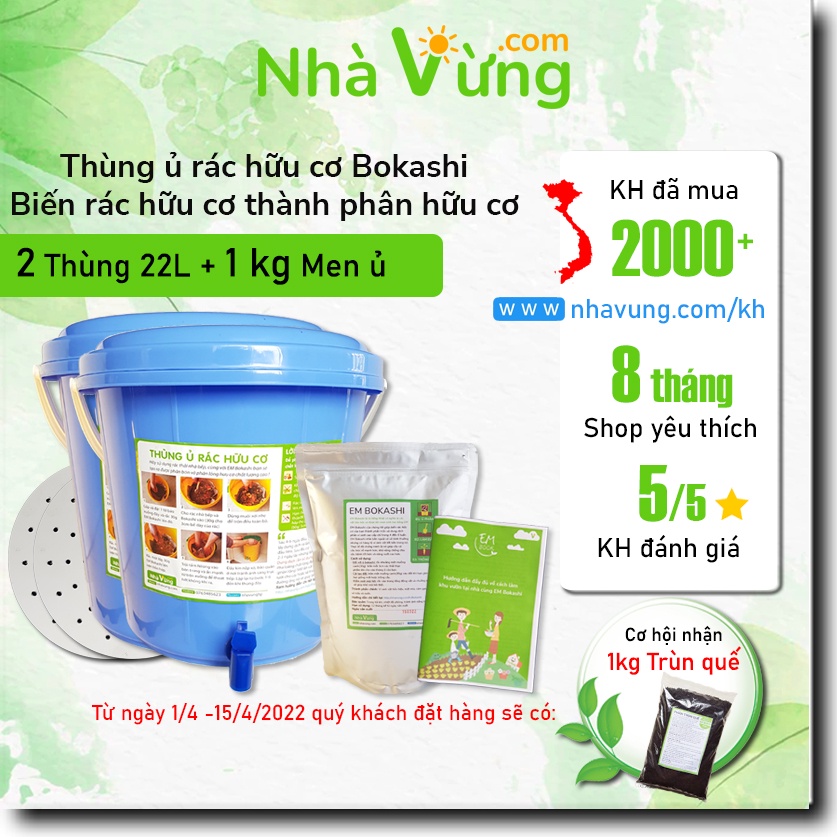 Thùng ủ rác hữu cơ thành phân hữu cơ EM Bokashi - Nhà Vừng (combo 2 thùng 22L + 1 túi EM Bokashi)