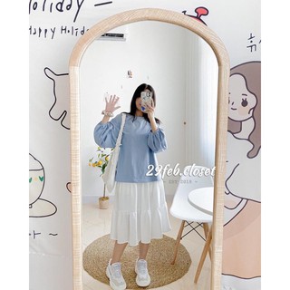Set áo swt tay bồng chun tay kèm chân váy dáng dài vintage