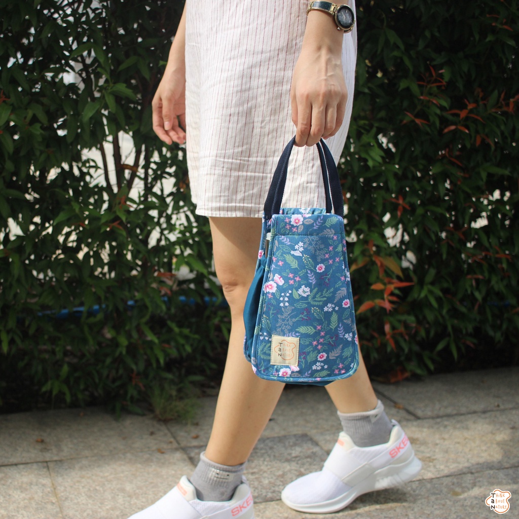 Túi vải đựng bình nước họa tiết hoa lá xanh dương TaNcupholder