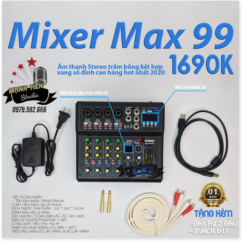 [tặng kèm dây hoa sen+ 2 jack 6 ly] Mixer Yamaha Max 99 USB bluetooth 16 chế độ vang karaoke gia đình, livestream fb