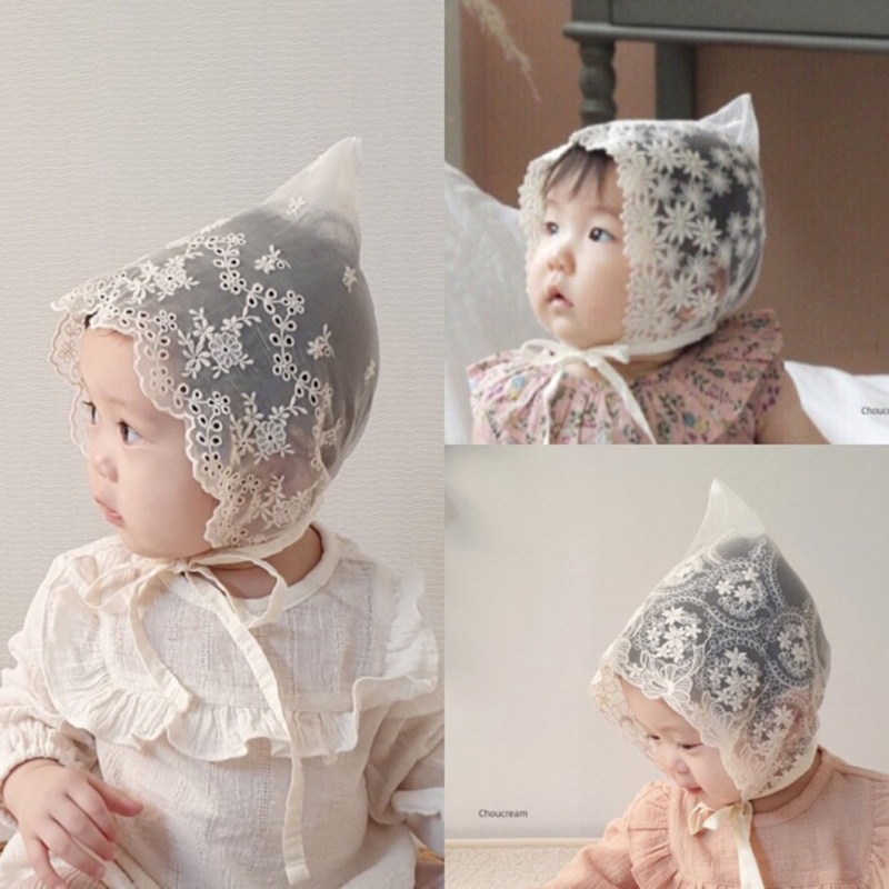 Mũ Bonnet Ren Hoa Bằng Cotton Thoáng Khí Làm Phụ Kiện Chụp Ảnh Cho Bé Gái