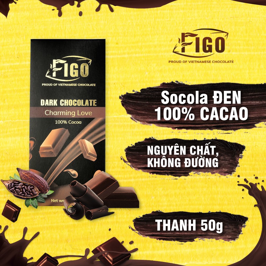 [Chính hãng] Dark Chocolate 100% Cacao FIGO 50g, Socola đen nguyên chất không đường, ăn giảm cân, tiểu đường Thanh 50gr