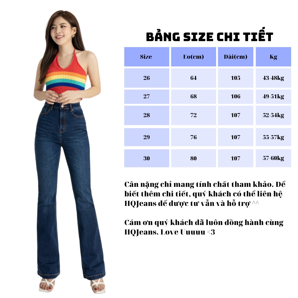 Quần jeans ống loe dáng dài 105cm vải xuất dư HQJeans tôn dáng HQ51