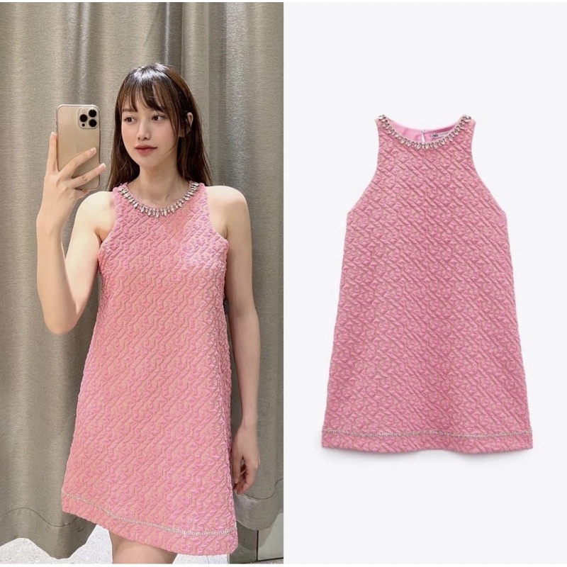 Váy baby doll hồng sát nách cổ đính đá (kèm ảnh thật)