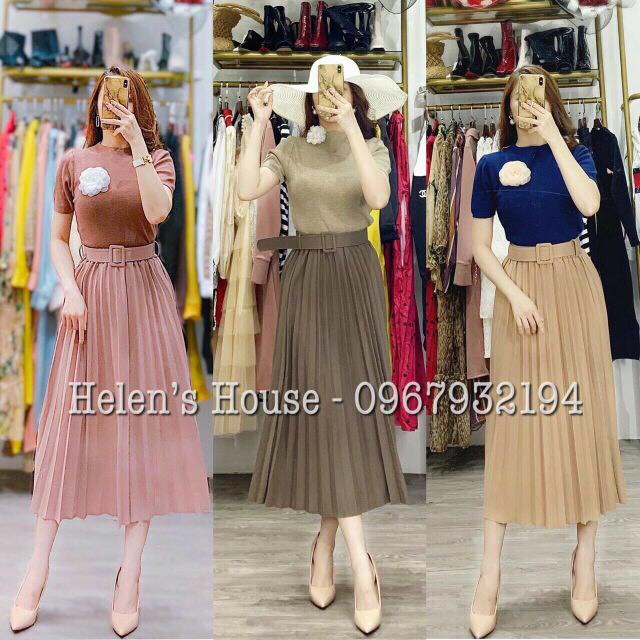 Chân váy xếp ly kèm đai hàng Quảng Châu