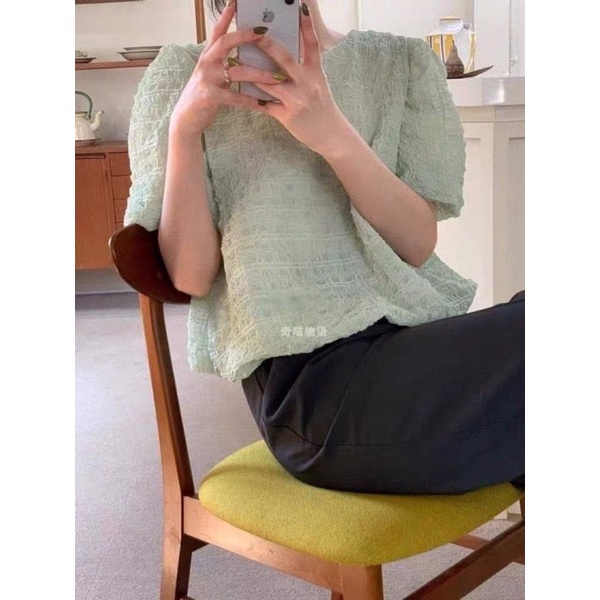 [Ảnh thật/Video]Áo sơ mi cổ tròn smile tay bồng form to bay bay tiểu thư Áo sơ mi cổ tròn hàn quốc