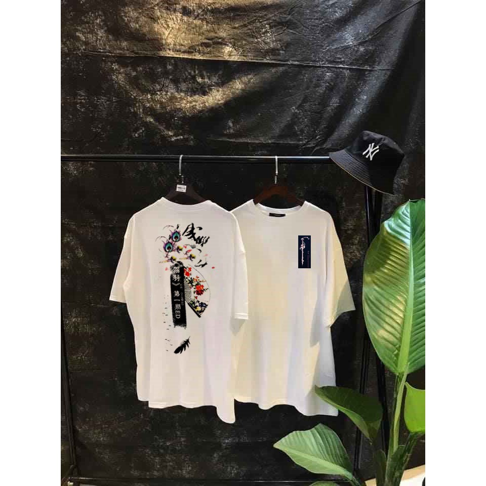Áo thun tay lỡ Hoa Đào Trên Quạt áo phông trắng basic unisex có size phối cùng quần jean short siêu đẹp