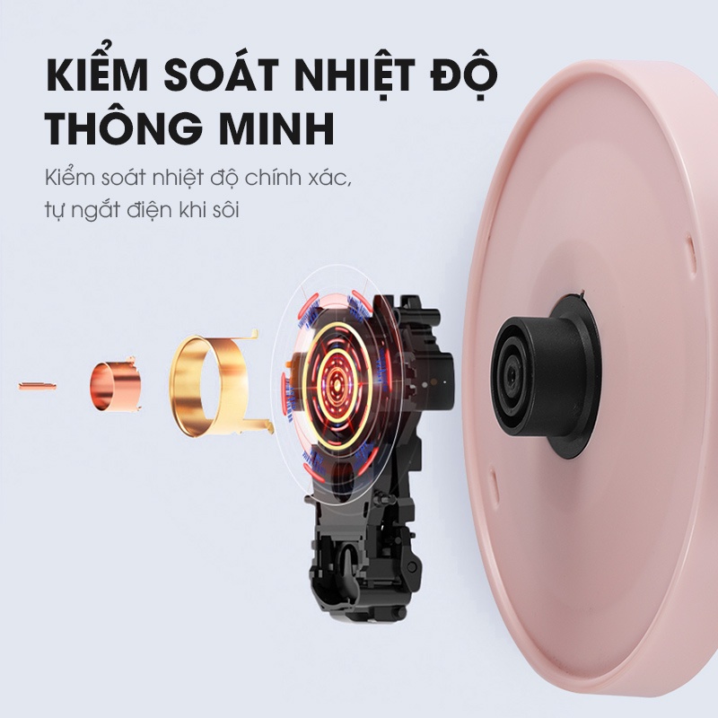 (BH 1 Năm)Ấm siêu tốc thông minh 2L 1500W, bình đun nước nhanh với inox304 cao cấp, 2 lớp chống nhiệt, dễ vệ sinh