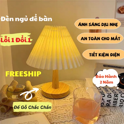 Đèn Ngủ, Đèn Đế Gỗ Xếp Ly Để Bàn, Trang Trí Phòng Ngủ Vintage Kèm Giá Đỡ ĐÈN TOKI