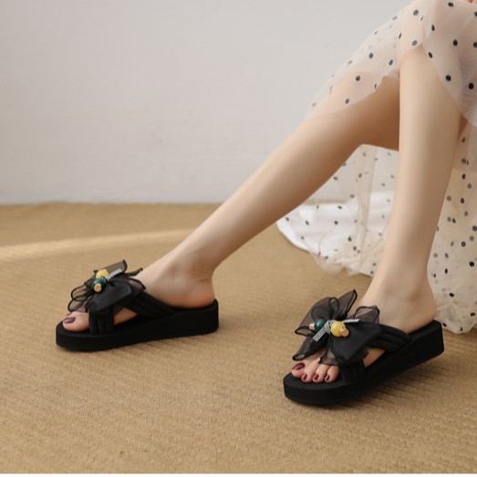 (SẴN HÀNG) Dép Quai Chéo Sandal Nữ Đính Nơ Chống Trượt Đi Biển Du Lịch