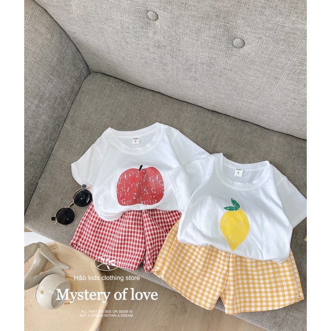 Set Cộc Tay Hoa Quả Áo Chất Vải Cotton Phối Quần Kẻ Đũi Cho Bé Trai, Bé Gái - Tobukids.vn