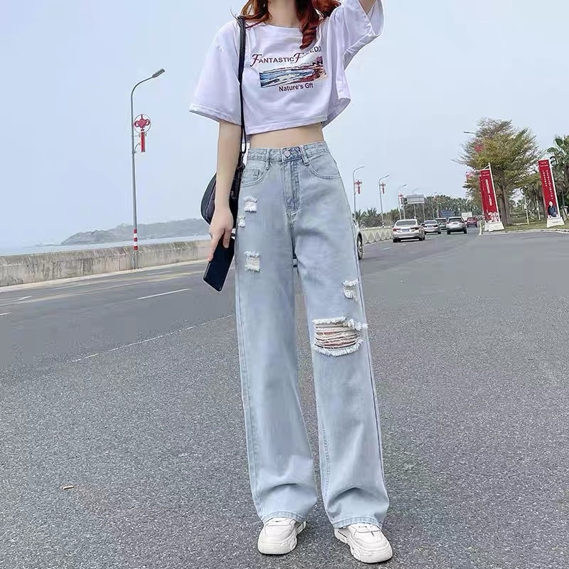 Quần jeans nữ dáng rộng cạp cao, mài rách đầu gối,quần bò dáng suông rộng phong cách hàn quốc - quynh.store91