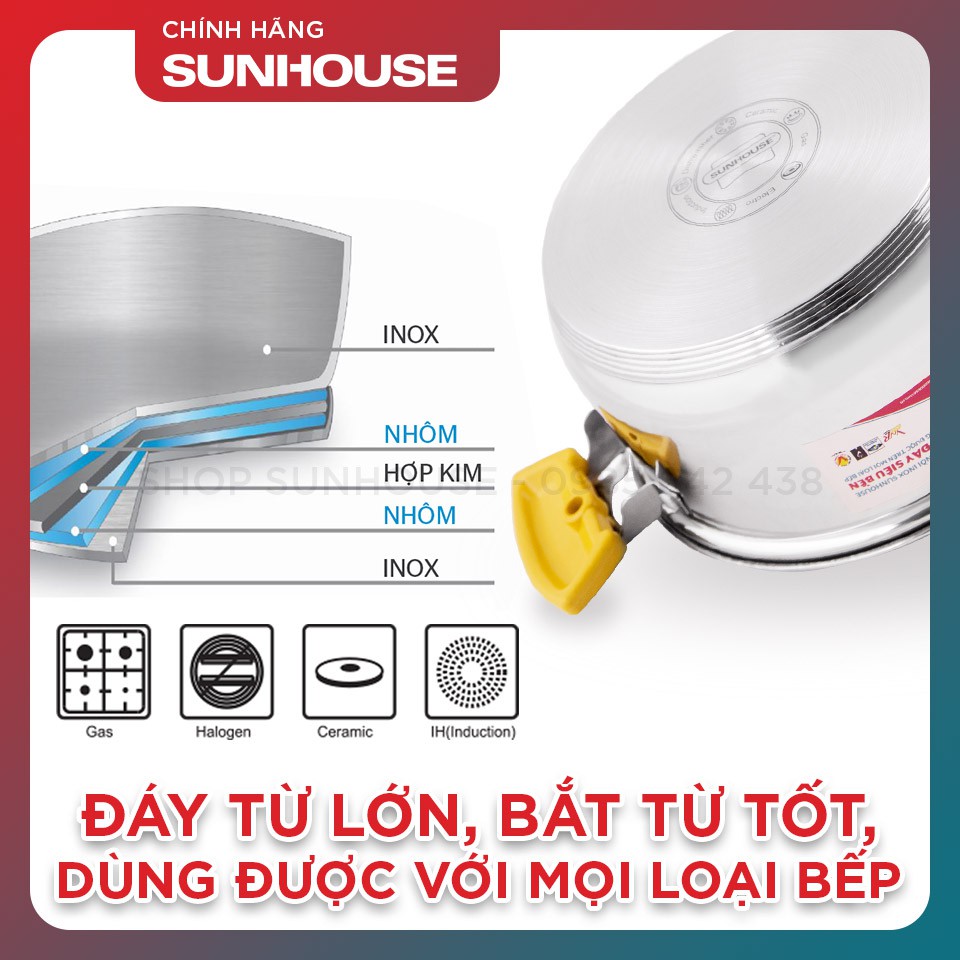 Bộ nồi inox 5 đáy SUNHOUSE SH787 dùng được bếp từ