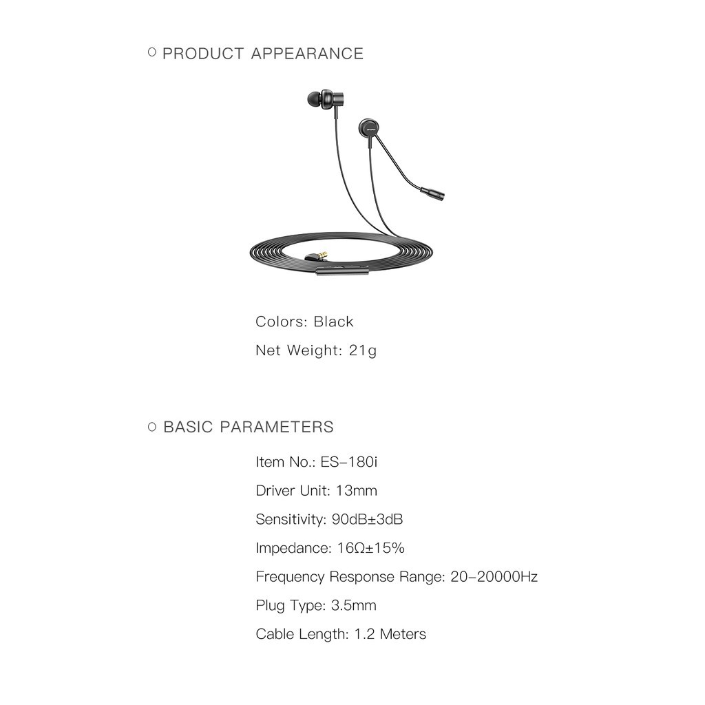 "HOT" Tai Nghe Nhét Tai Awei Es-180i Giắc Cắm 3.5mm Màu Đen Kèm Phụ Kiện Chất Lượng Cao