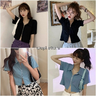 Áo Croptop Phối Dây Kéo Cổ Trụ Form Ôm Nhẹ Ulzzang (Đen/Xanh)