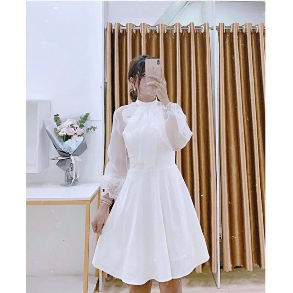 Đầm dự tiệc trắng xòe bồng nơ cổ siêu đẳng cấp Clara Dress | BigBuy360 - bigbuy360.vn