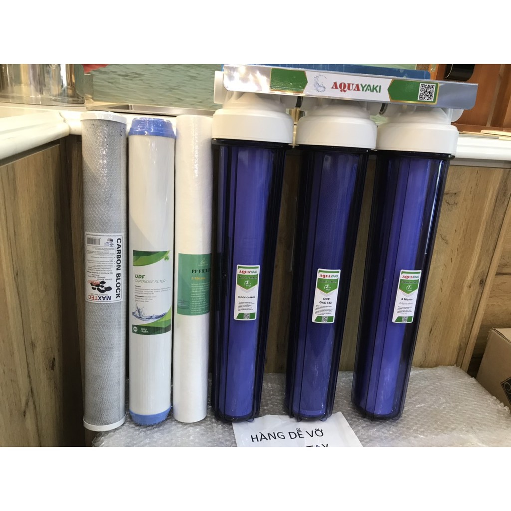 Bộ lọc thô 3 cấp 20 inch 3 cốc trong có đầy đủ lõi lọc, tay vặn