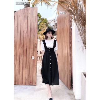 Đầm Babydoll 💖FREESHIP💖 Váy Babydoll Áo Trắng Kết Hợp Cùng Yếm dài 2 màu Kem và Đen Freesize dưới 57kg ALUZ STOR STORE