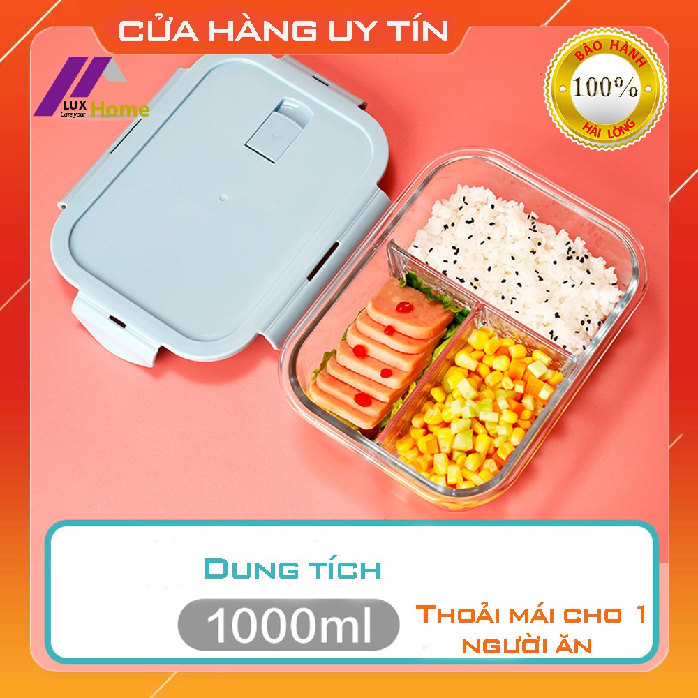 (Dùng được lò vi sóng) Hộp cơm thủy tinh 3 ngăn chịu nhiệt, chống tràn