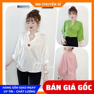 Áo kiểu công sở nữ cổ V tay lỡ phối khoen dễ thương chất vải mềm mịn Áo sơ mi công sở MT1987