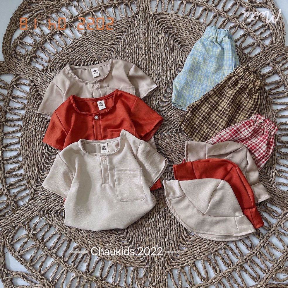 Bộ cộc tay bé trai, Bộ đũi quần kẻ kèm mũ cho bé