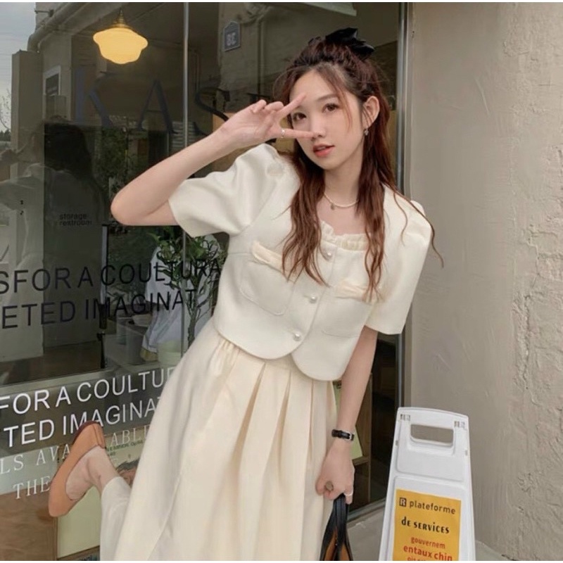 SET Áo croptop nơ nút ngọc kèm Chân Váy midi xếp ly màu nude NÀNG CLOSET