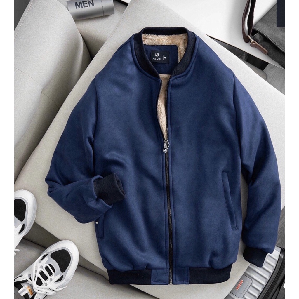 Áo bomber nam da lộn, khoác nam lót lông thời trang 4 màu đen than ghi vàng bò