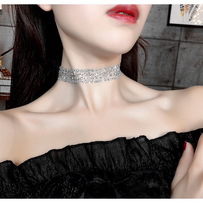 Choker dây chuyền nữ thời trang bản lớn dệt kim sa dự tiệc đi chơi màu sắc ánh kim