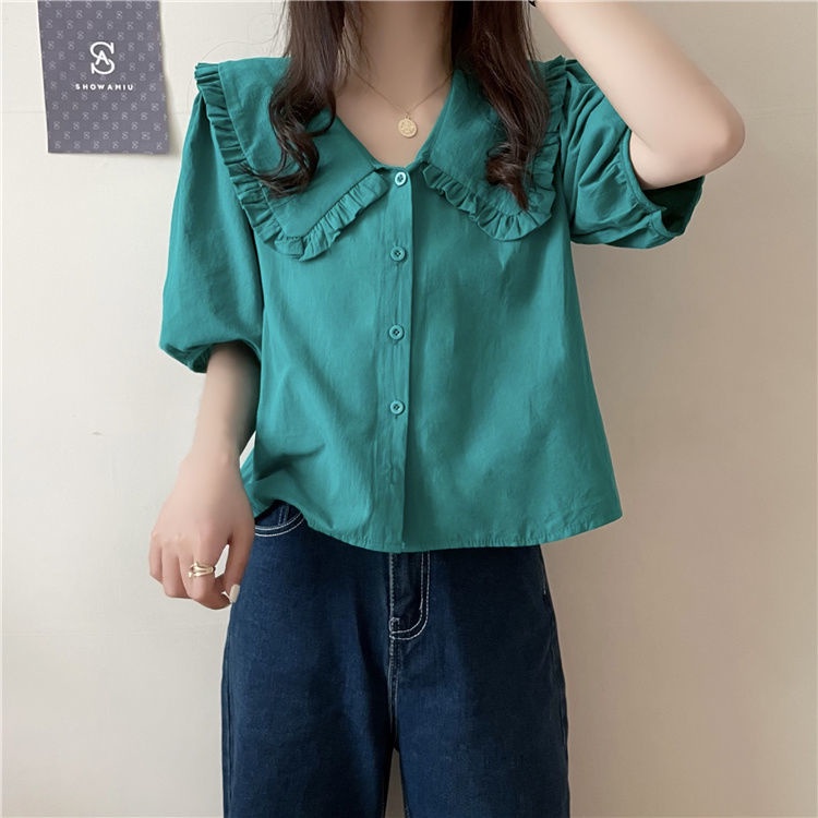 Áo Sơ Mi Tay Ngắn Cổ Búp Bê Phong Cách Pháp 164152 Áo Sơ Mi Màu Sắc Ngọt Ngào Dáng Ôm Phong Cách Phương Tây