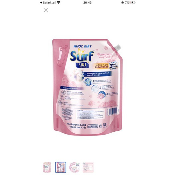 Nước giặt SURF 3in1 [𝐅𝐑𝐄𝐄𝐒𝐇𝐈𝐏] hương hoa nhiệt đới túi 3,5kg