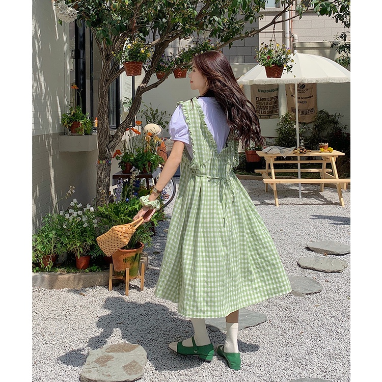Váy dài nữ, Yếm kẻ caro 💋phong cách ullzang💋 thắt dây vải cotton mềm mát bánh bèo