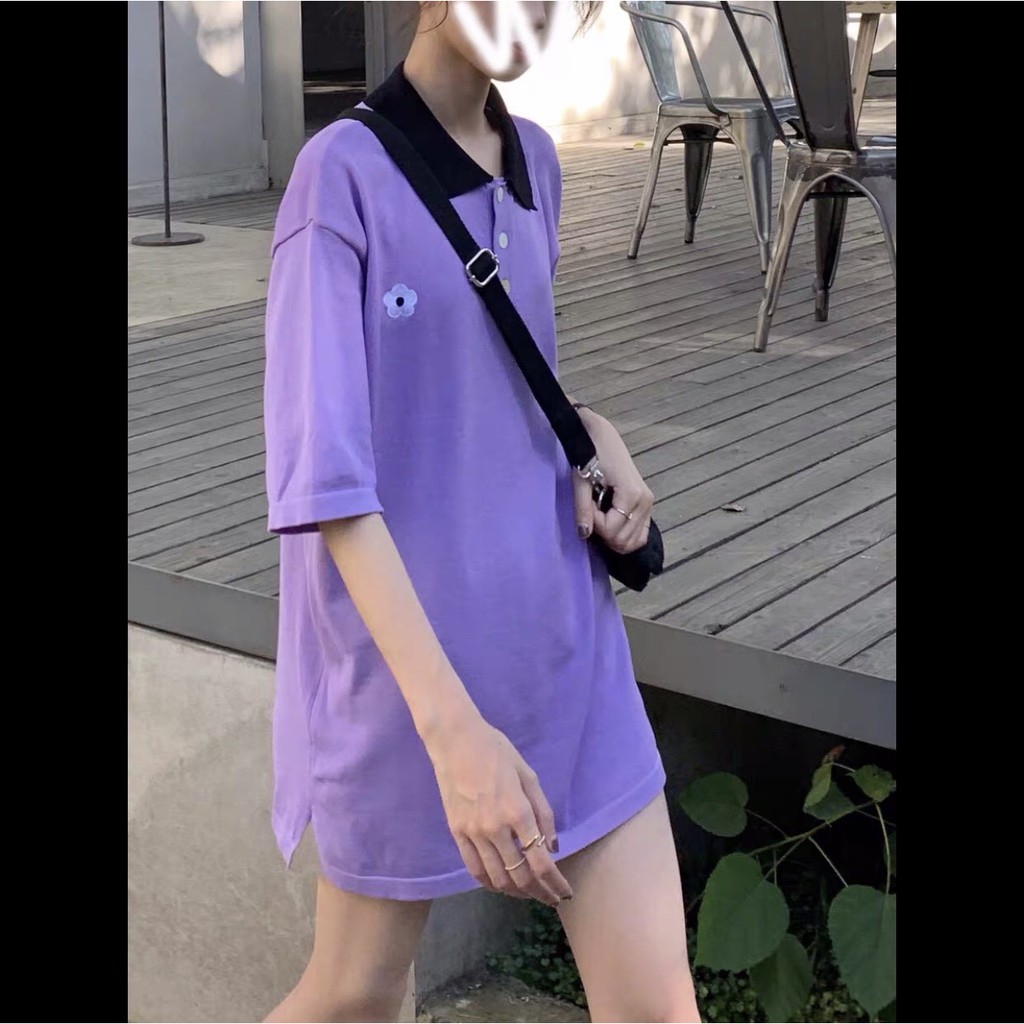 ÁO THUN POLO THÊU BÔNG HOA ĐEN TÍM UNISEX