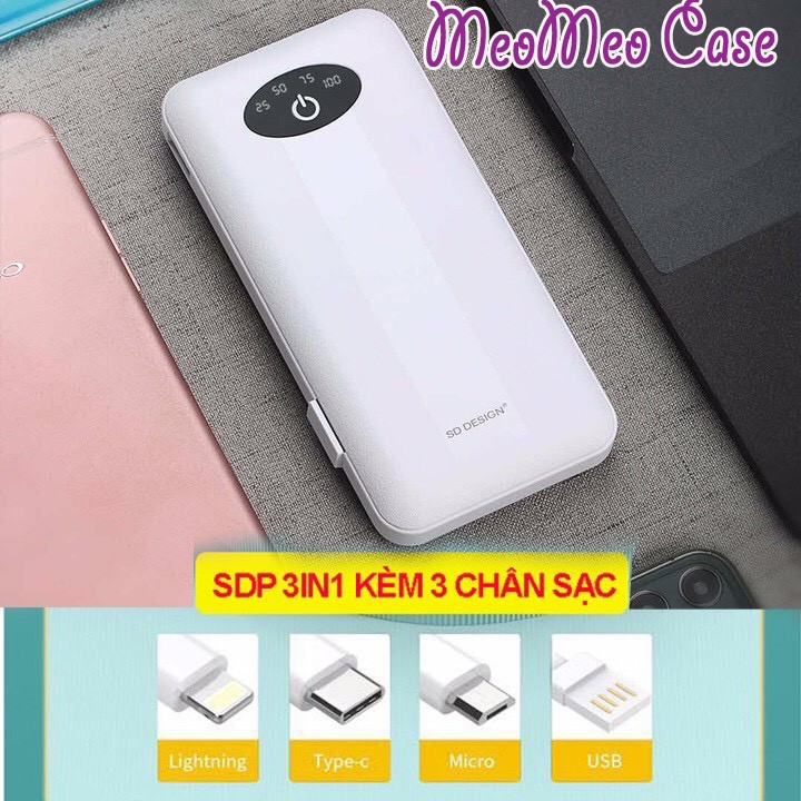 Pin sạc dự phòng SD Design THÔNG MINH KÈM 4 Cáp Sạc Micro, Lingtning, TypeC Cho Xiaomi Samsung IPhone Oppo,..