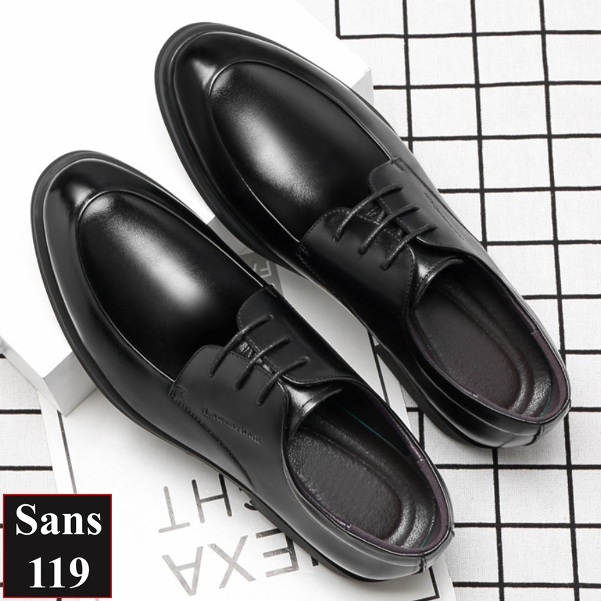 Giày tăng chiều cao nam da bò Sans119 độn đế 8cm công sở cao cấp buộc dây tây đen chú rể mặc vest size nhỏ 37 mũi tròn
