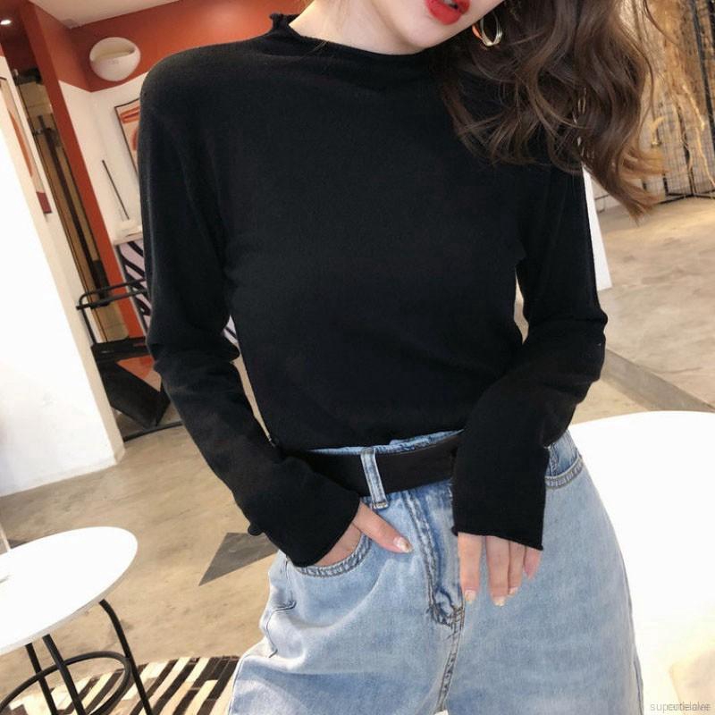 Women Slim Long-Sleeved Half High Collar Slim Bottom Sweater Female Tshirt Tops | BigBuy360 - bigbuy360.vn