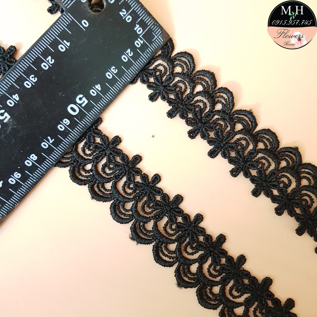 RC32 Cuộn 13 mét dây vải ren chỉ đen ren thêu hoa rộng 3cm ren may đồ Maihoaflower