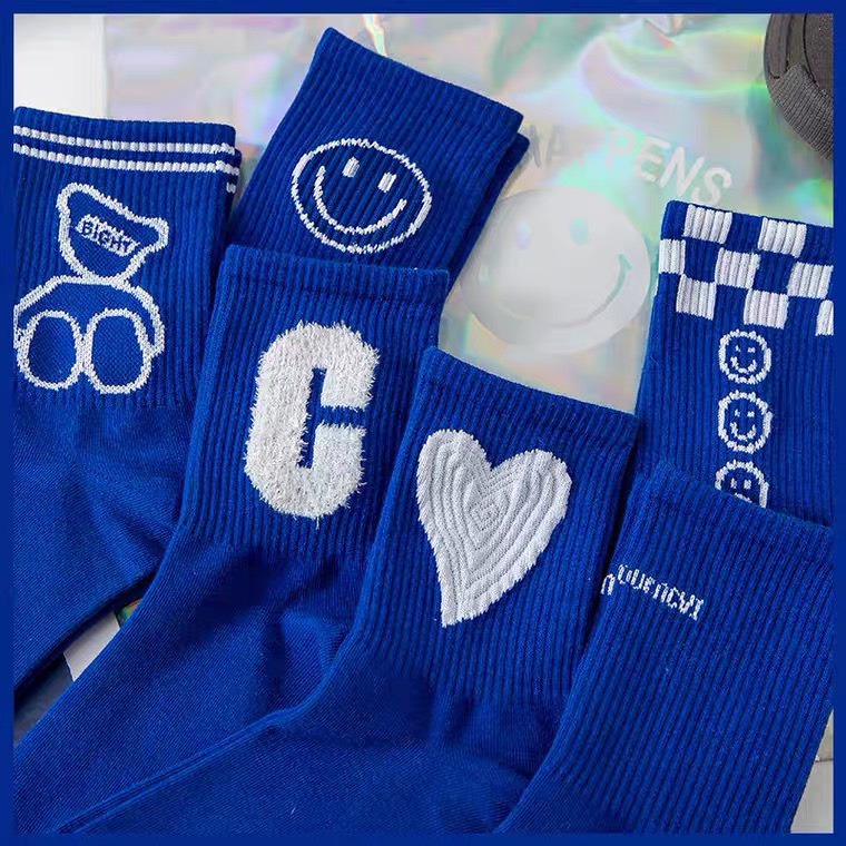Tất Vớ Dài Cổ Cao Nam Nữ Họa Tiết Thêu Dệt Màu Blue cotton thấm hút, giá siêu rẻ mềm